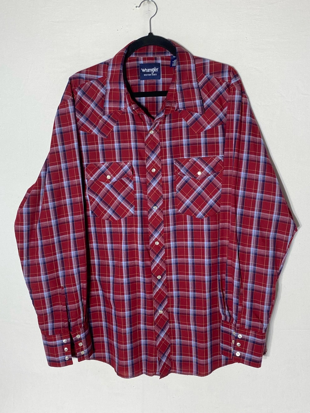 Vintage Wrangler Red Blue White Plaid Pearl Snap Western Shirt XL Stampede